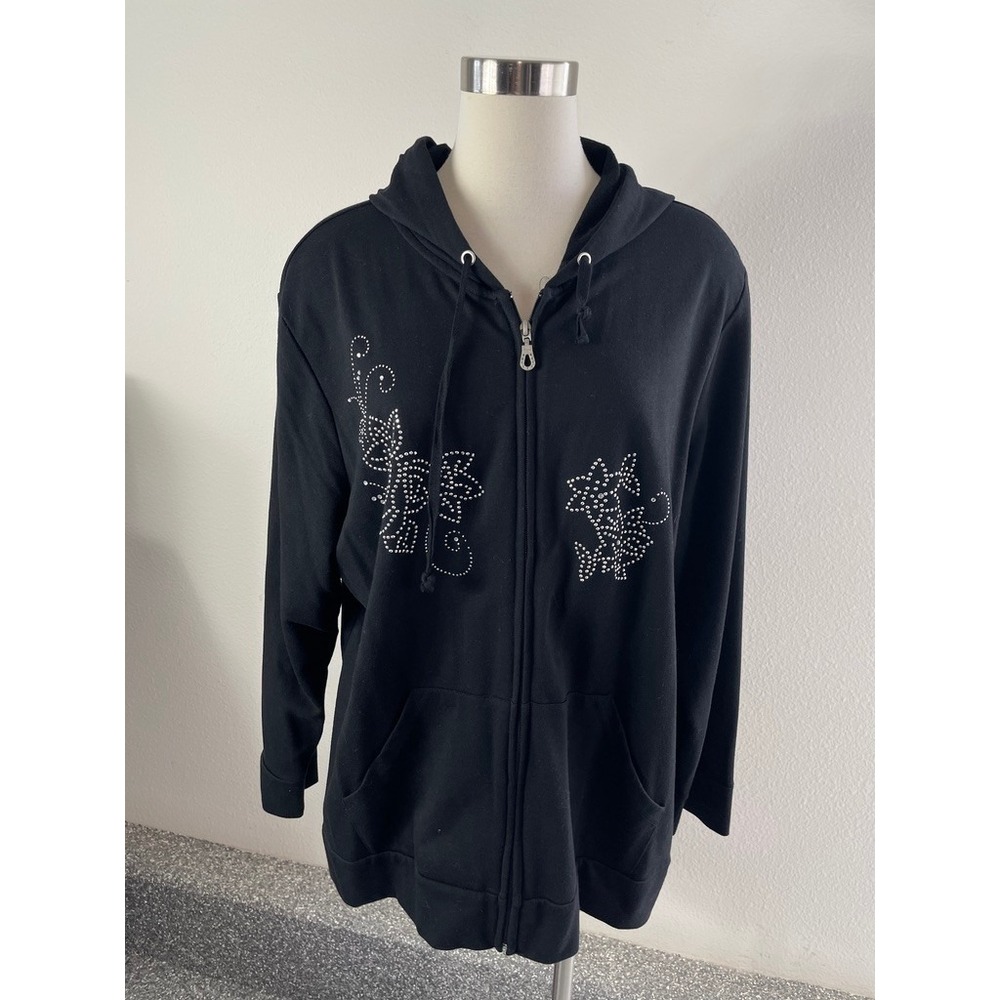 Onque Woman Plus 2X Black Rhinestone Zip Up Hoodie Sweatshirt Cotton